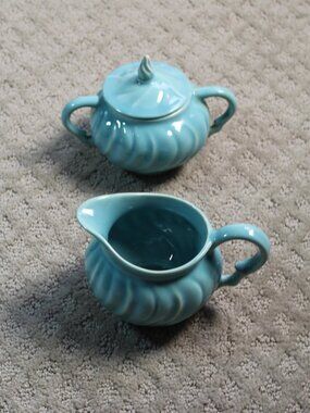 Vtg Franciscan Ware Coronado Swirl Aqua Turquoise Lidded Sugar Bowl & Creamer
